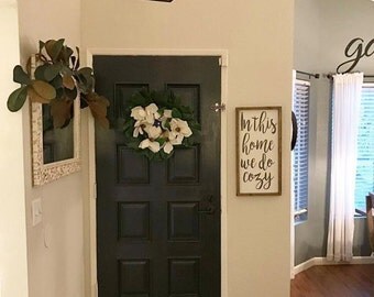 In this home we do cozy - framed wood sign - living room decor, entryway decor, gift for her, housewarming gift, home decor, wall hanging