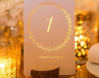 Personalised Wedding Table Numbers/ Wedding Table Decor/Table Centerpiece Wreath Design in Gold/Silver/Rose Gold/Champagne Gold/Colour Foils