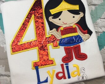Girl Superhero Birthday Shirt- Wonder Girl Hero- Straight hair- Applique- Embroidered- Monogrammed- Strong Girl Birthday