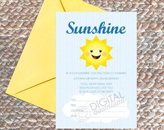 Printable DIY Sunshine Birthday Invite, You are My Sunshine Invitation, Boy Sun Party Invite, Sunshine 1st Birthday Invite, Instant Download
