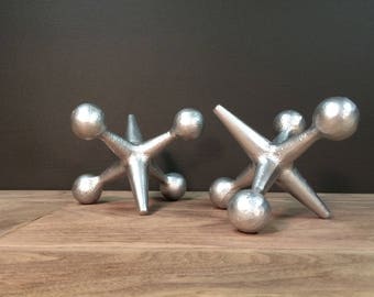 Modern Bookends Unique Fathers Day Gift - Large Cast Iron Jacks Mid Century Modern Style Jax Paperweights Doorstop Book Ends Retro Modernist