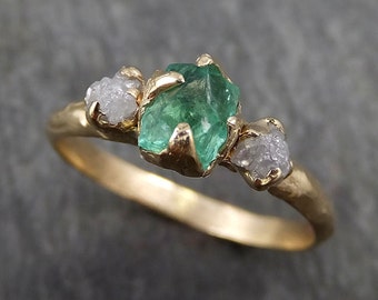 Three raw Stone Diamond Emerald Engagement Ring 14k Gold Wedding Ring Uncut Birthstone Stacking Ring Rough Diamond Ring byAngeline 0415