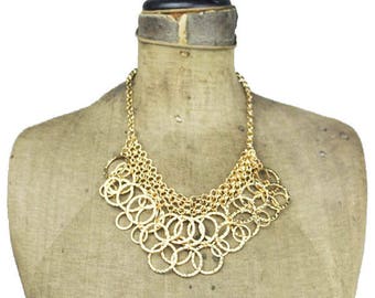Gold Bib Necklace, Gold Circle Necklace, Gold Fringe Necklace, Gold Circle Bib Necklace