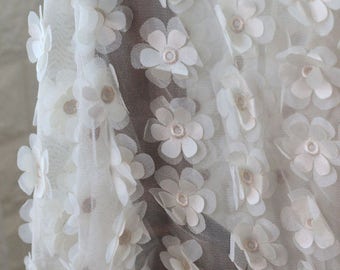 Ivory 3D Flowers Lace Fabric Daisy Flowers Fabric Dress Bridal Veil Floral Lace Fabric 59 Inches Wide 1 Yard