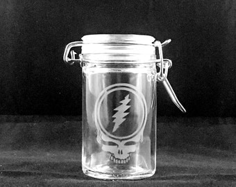 Grateful Dead Stash Jar Etched Glass | Steal Your Face, Dancing Bear, Jerry Garcia Hand, 13 Point Lightning Bolt