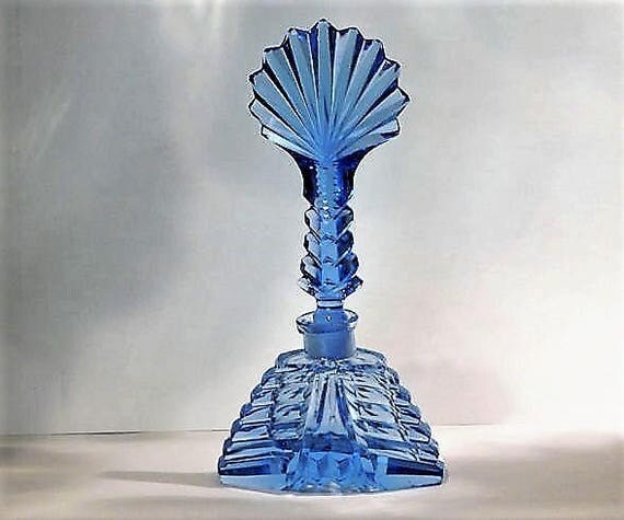 Czech Perfume Bottle Art Deco 1920s 1930s Cut Blue Crystal Glass Made Czechoslovakia Antique Vintage Vanity Cologne Bohemian Old Hollywood