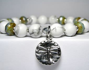 White Howlite Dragonfly Bracelet, Nature Bracelet, Insect Bracelet, Beaded Bracelet, Charm Bracelet, Ladies Bracelet, Gemstone Bracelet