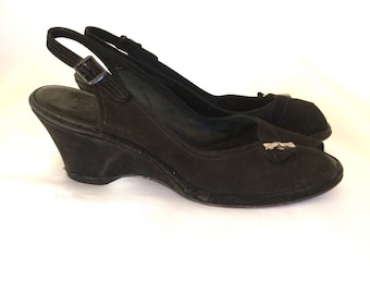 1940's Black Felt Peep Toe Sling Back Wedge Heels Sz 9B