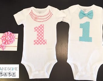 Twins First Birthday Bowtie Necklace Bodysuits with matching headband