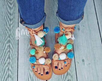 Model LANZAROTE---ON ORDER --Sandals boho style,pom poms sandals, leather sandals, gladiator sandals, boho sandals