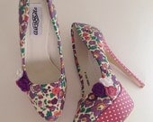 Floral shoes, quirky shoes, ladies shoes, liberty fabric, liberty floral heels, felt flowers, platform shoes size 3-8uk
