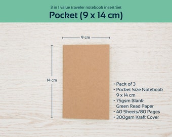 Midori Travelers Notebook Insert in Pocket Moleskine Notebook Size, Refillable Notebook with Kraft Cover for Writing Journal