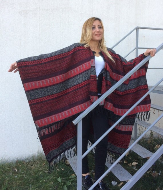 Boho Chic Poncho Blanket Scarf Wrap Red Cotton by designscope