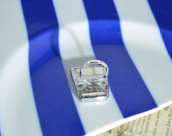 Blue porcelain ring made of vintage Belgian plate art-deco