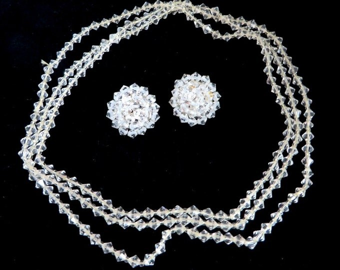 Clear Beaded Necklace Set, Vintage Faceted Crystal Earrings, Flapper Necklace