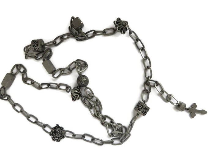 Vintage Pewter Chain Link Necklace, Beaded Pewter Necklace with Cross, Christmas Gift