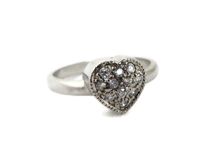 CZ Heart Ring, Vintage Sterling Silver Ring, Love Heart Ring, Size 7