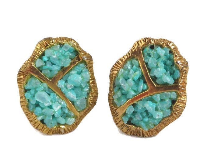 Turquoise Beaded Gold Tone Earrings - Vintage Hattie Carnegie Clip-on Earrings, Gift for Her