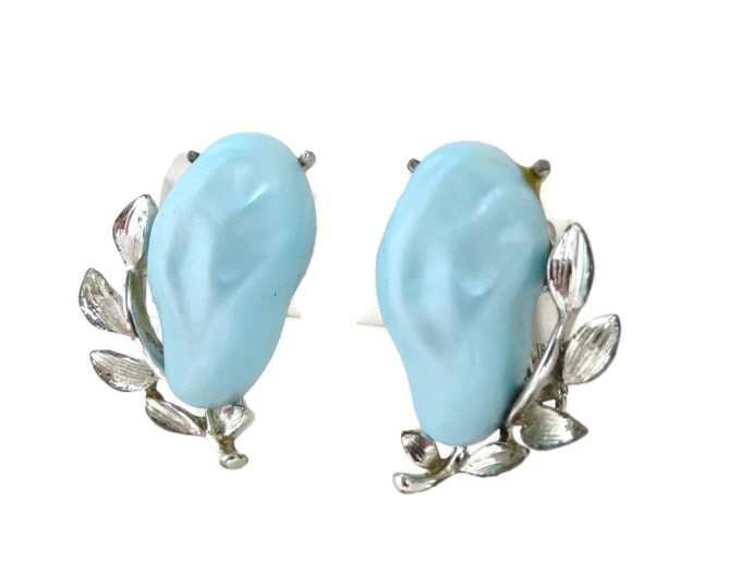 BSK Blue and Silver Tone Leaf Earrings, Vintage Kidney Shape Clip-on Earrings