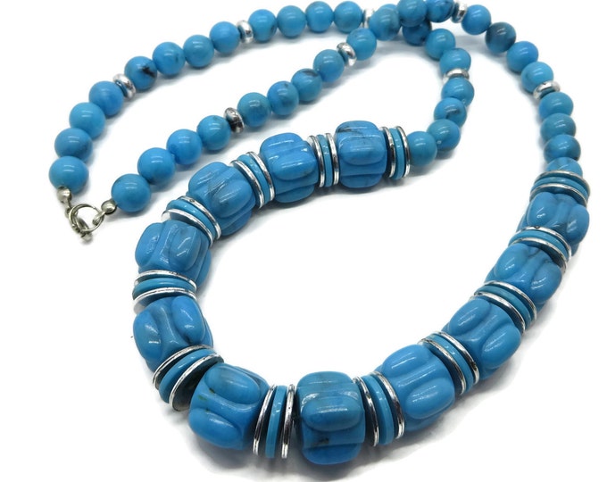 Vintage Blue Beaded Necklace, Chunky Drum Bead Necklace