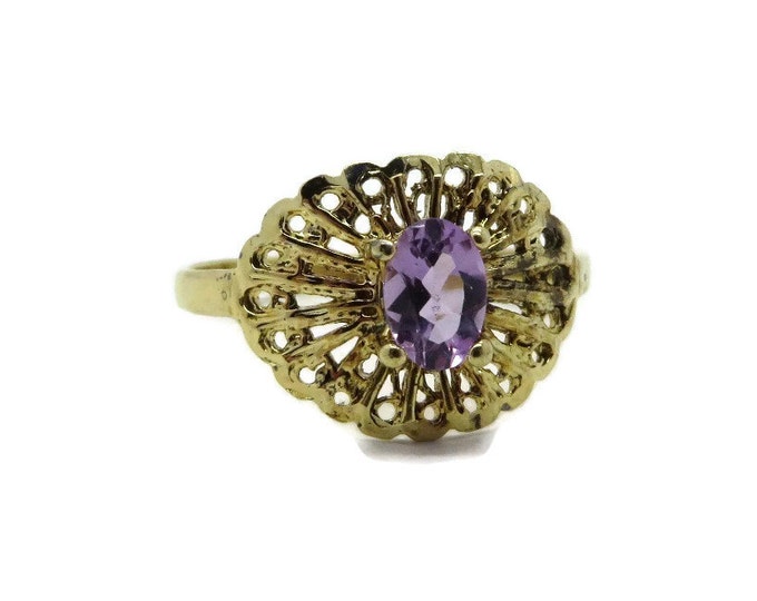 Vintage Amethyst Cocktail Ring, Sterling Silver, Gold Plated Filigree Ring, Size 8.25-8.5