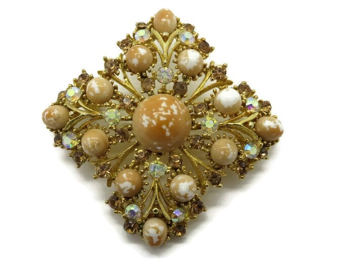 Weiss Orange and White Bead Rhinestone Studded Gold Tone Vintage Brooch