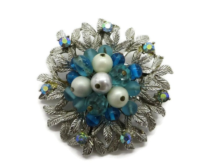 Coro Silver Tone Blue and White Bead AB Rhinestone Flower Brooch Pin