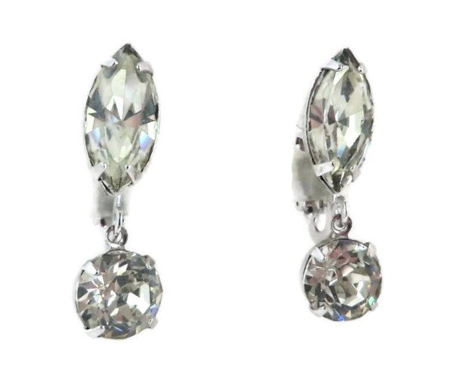Crystal Earrings, Dangling Clip-ons, Signed Eisenberg Earrings, Vintage Crystal Dangles, Silvertone Clip-on Earrings, Bridal Earrings