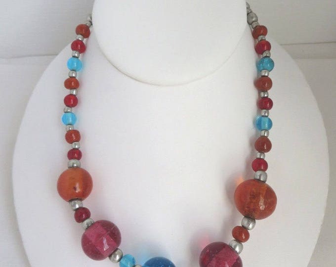 ON SALE! Vintage Chunky Red Blue Orange Glass Beaded Necklace