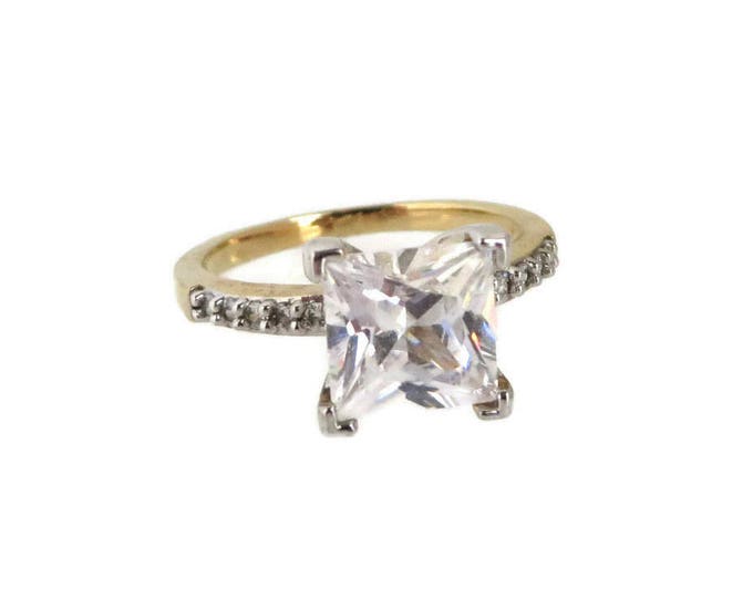 Vintage CZ Solitaire Engagement Ring, Gold Plated Princess Cut CZ Ring, Bridal Jewelry Size 8
