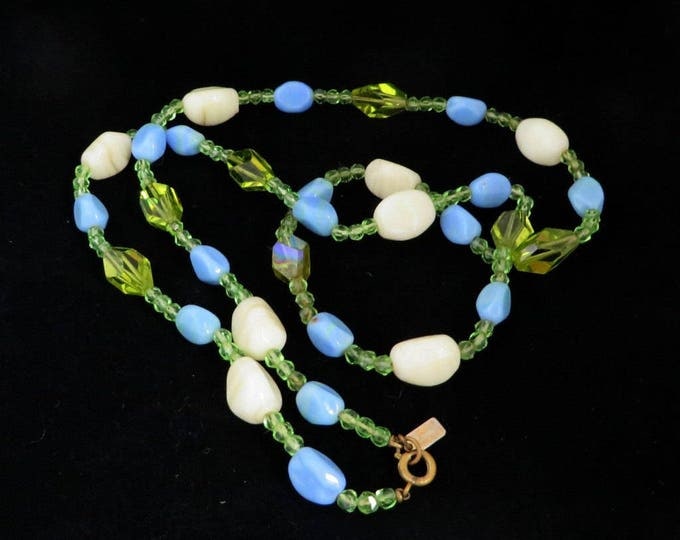 Hattie Carnegie Necklace Vintage Glass Bead Necklace, Signed Carnegie Necklace Blue, Green, Cream Art Glass Necklace, 29 inches Hattie Carnegie Necklace Vintage Glass Bead Necklace, Signed Carnegie Necklace Blue, Green, Cream Art Glass Necklace, 29 inches