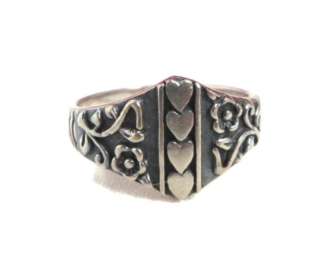 Sterling Silver Heart Ring - Vintage Hearts & Flowers Scrolled Band Ring, Size 8