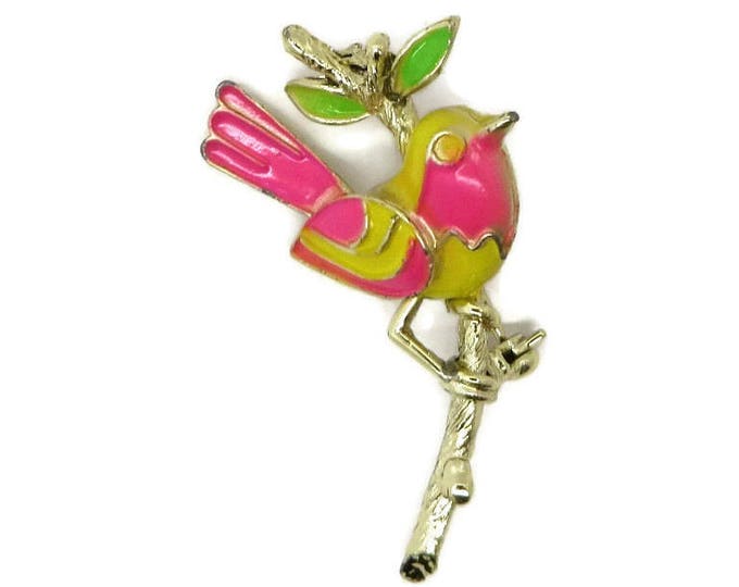 Bright Enamel Bird Brooch, Vintage Yellow, Green, Pink Figural Gold Tone Pin