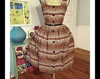 AtOmIc Dress ~ Tiki print 1950's 60's~ Pin up ~Rockabilly~ Full Skirt~Fit and Flare~ Cotton~Tropical~Garden Party~~ Medium