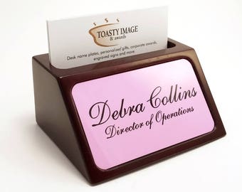 Business card holder for desk or table mahogany color with pink aluminum insert personalized with your name or other words