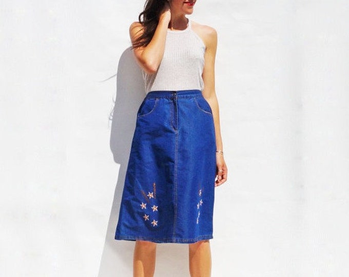High Waisted Skirt, Vintage 80s Denim Embroidered Floral Midi Skirt, 80s A-Line Denim Skirt, Vintage Denim Skirt, Womens Skirts, Denim Skirt