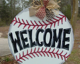 16" Baseball or Softball WELCOME Wood Door Hanger Wall Decor Sign Angelenes Collection