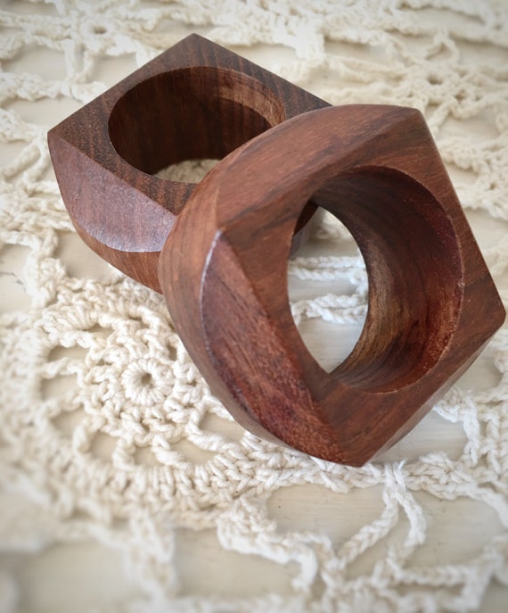Vintage Wood Geometric Napkin RingsMid Century Wood Napkin