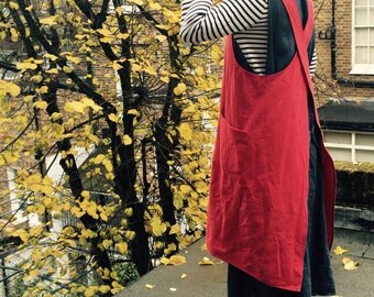 Japanese crossover apron dress smock pinafore in red