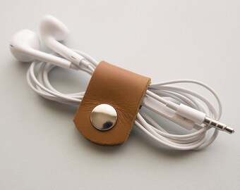 Cable organizer - Leather Cord Keeper - Earbud Organizer - Tan Leather Headphone Holder - Earphone Organizer - Wire Holder - Cord Organizer