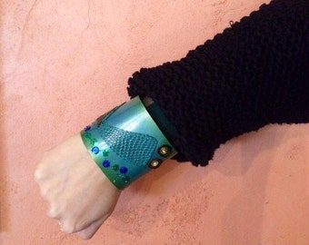 Mermaid Tail Cuff Leather bracelet/Folk Art Mermaid Wristband/Sealife Jewelry/Fish Green Blue Jewlery/Handcrafted/Item ready to be shipped