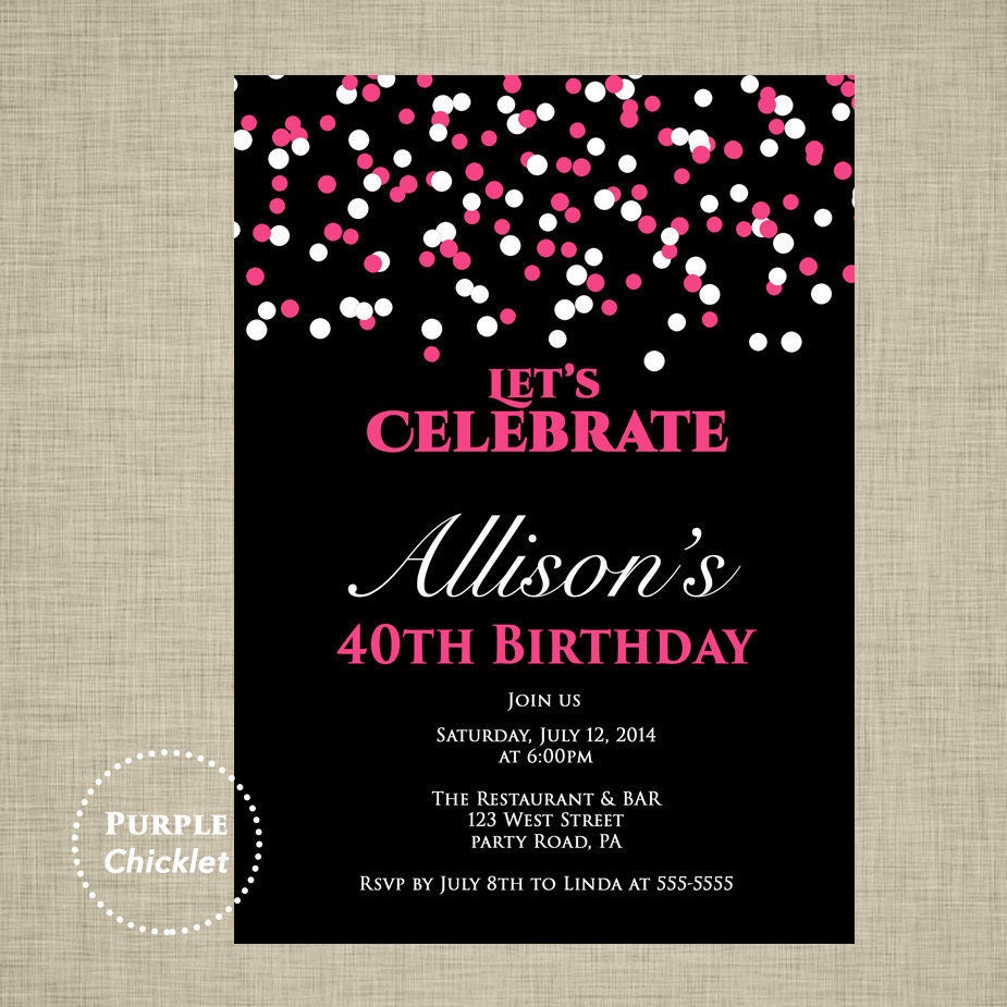 Confetti Birthday Party invitation Pink and Black 40th