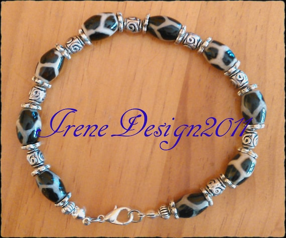 Handmade Silver Bracelet with Tibetan Agate & Roses by IreneDesign2011