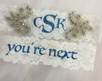 Wedding garter, monogrammed, you're next, personalized, something blue