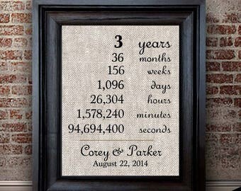 3 Years Together | 3rd Anniversary Gift | Cotton Anniversary Print | Hours Minutes Seconds | 3 Year Anniversary Gift | Gift for Husband Wife