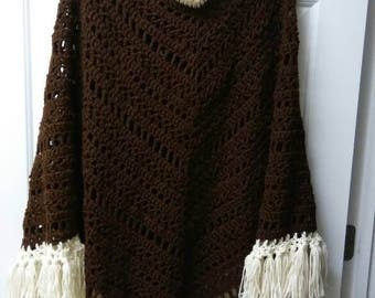Homemade Boho Poncho. Deep Brown with Cream Trim. Made in my smoke and pet free home.