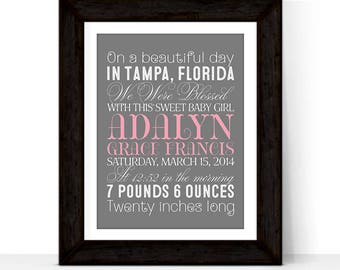 Pink and gray nursery, new baby girl gift, baby girl birth stats print, baby gift for newborn girl, birth announcement nursery art