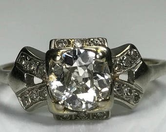 Vintage Diamond Engagement Ring. 14K White Gold Art Deco Setting. 1+ TCW. Unique Engagement Ring. April Birthstone. 10 Year. Appraised.