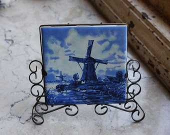 Delft Blue Holland Windmill Tile Vintage Porcelain