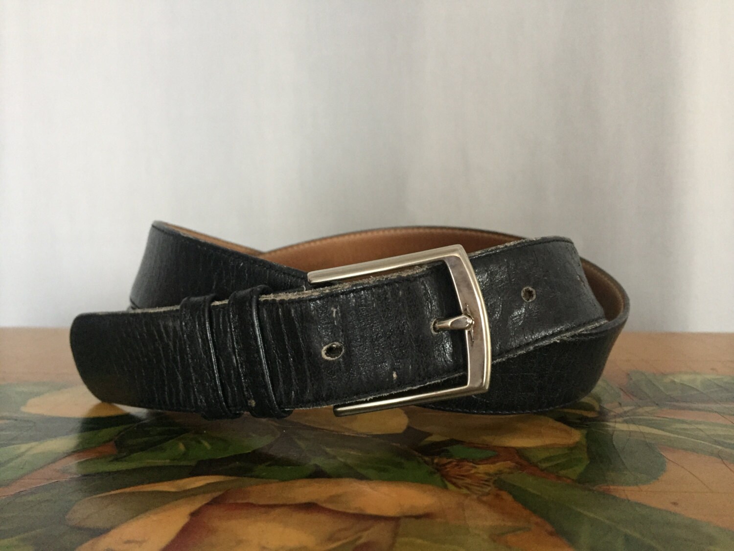 Black Leather Belt Distressed Vintage Silver Metal Buckle size